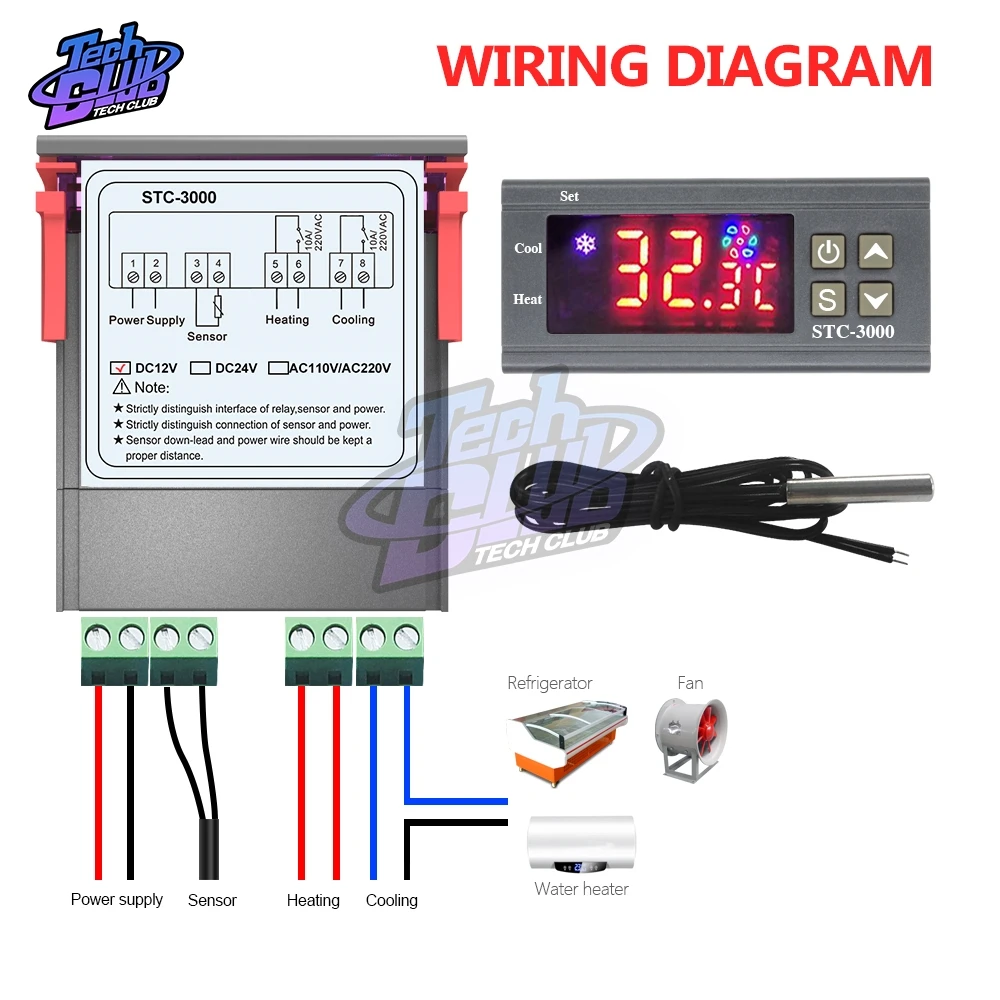 12V 24V 110 V-220 V микрокомпьютерный термостат Температура контроллер терморегулятор цифровой с Сенсор нагревательные охладительные STC-3000