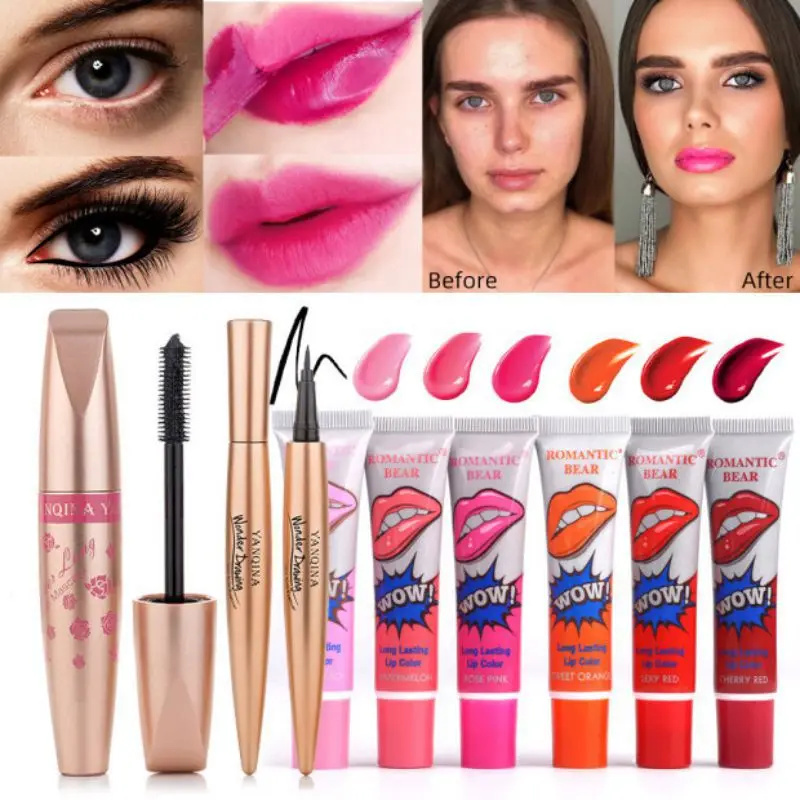 

Waterproof Peel-off Lip Gloss Beauty Makeup Set Lipstick Black Long Lasting Mascara Smudge-proof Liquid Eyeliner Cosmetic Kit