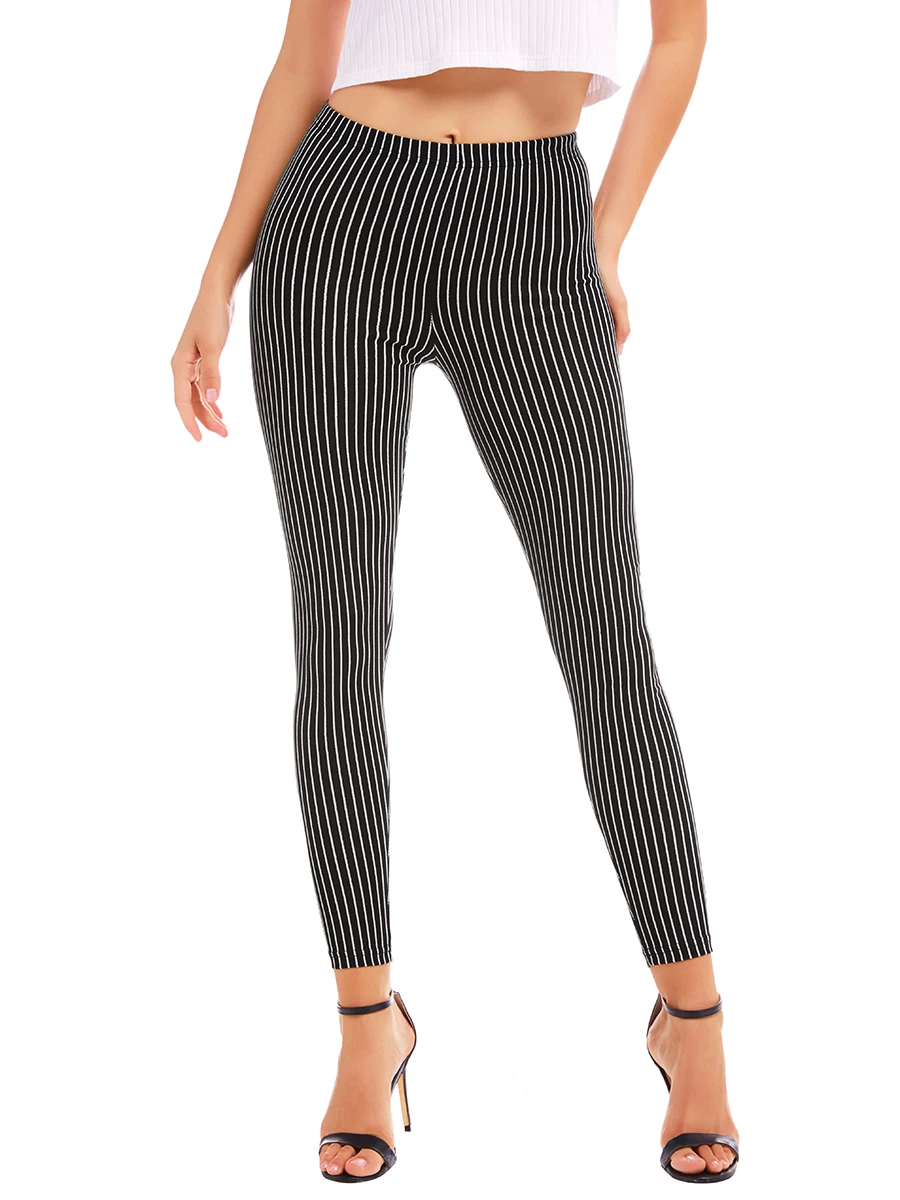 

Spring&Summer Women Fashion High Waist Vertical Striped Pants Female Stretch Pencil Ankle-length Pants White Black Skinny Pants