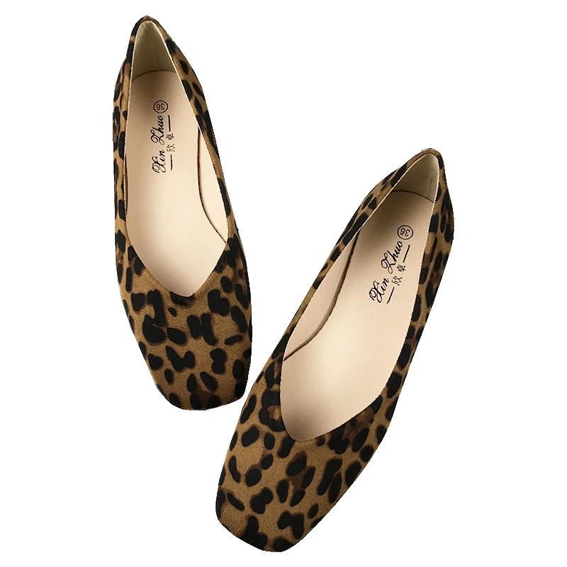 Women Flats Leopard Pattern Square Toe Shallow Flock Ballet Moccasins Comfy Slip On