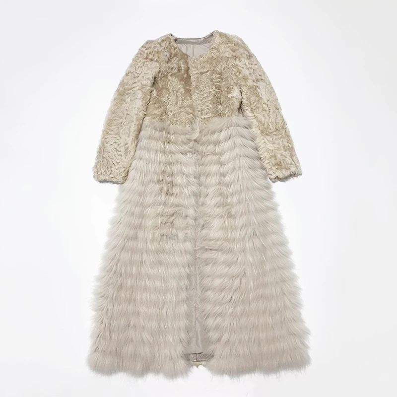 Rf2052B 120 см х-длинное пальто с натуральным мехом супер модное пальто из меха ягненка с мехом енота женское тонкое длинное платье из натурального меха новое поступление