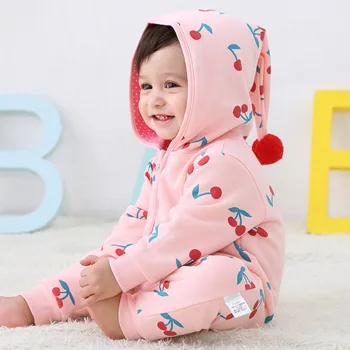 

Autumn Winter Jumpsuits Magic Hat Sweater Cotton Double-layer Cherry Printing Baby Boys Girls Jumpsuit Romper Baby Clothe