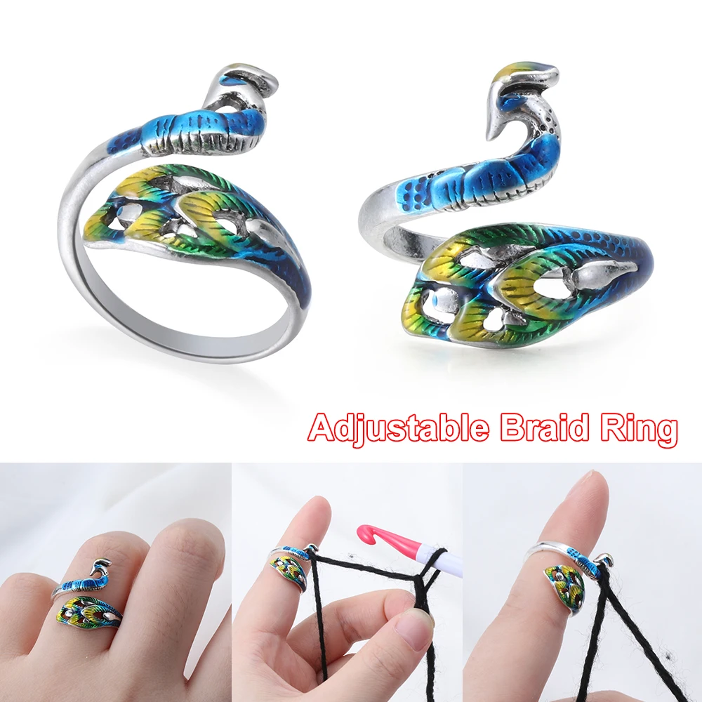 Adjustable Knitting Loop Peacock Shape Crochet Ring Sewing Accessories Finger Wear Thimble Yarn Guides Knitting Tool 1PC