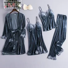 Велюровая женская ночная рубашка кимоно платье Lougne пижамы 4 шт. Халат Костюм Мягкая ночная рубашка интимное белье классический пояс Ночное платье