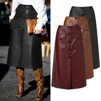 

Women's PU Leather Vestidos ZANZEA 2020 Stylish Button Skirts High Waist Split Pockets Midi Skirts Female Solid Robe Oversized
