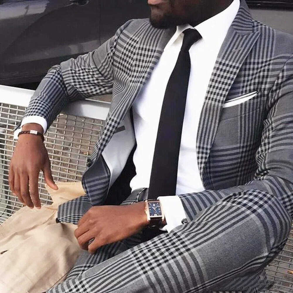 made luxury Black Plaid wedding suits men slim fit Groom best man fashion unique design business party Blazer pants