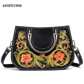 

LUOFEIHUA 2019 New Women Genuine Leather bag 2019 luxury handmade leather carving handbag Shoulder Messenger Bag Vintage tote