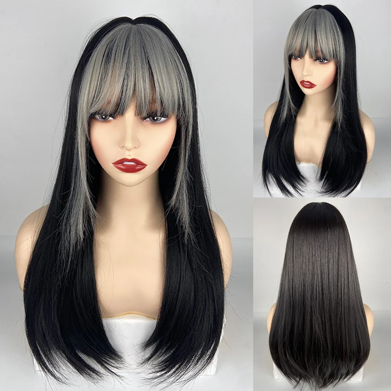

URCGTSA Synthetic Straight Wigs with Bangs Long Ombre Women's Wigs Heat Resistant Natural Faker Hair For Cospaly Party