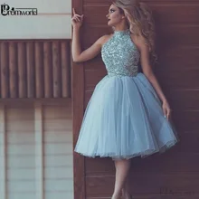 Синие кружевные платья с аппликацией из бисера для выпускного вечера, короткие платья с высокой горловиной трапециевидной формы для выпускного вечера Vestido De graduation