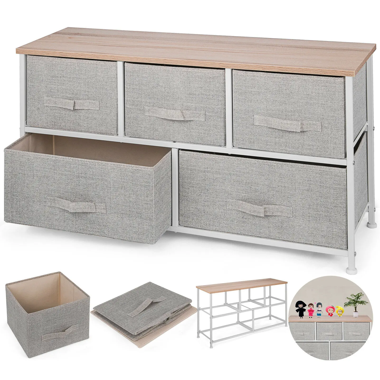 

5 Removable Fabric Drawers 5-Drawer Dresser Storage Closet W/ Wide Bamboo Shelf