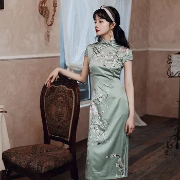 

Sexy Print Flower Chinese Women Dress Mandarin Collar Satin Cheongsam Vestidso 2020 Vintage High Split Wedding Party Gown