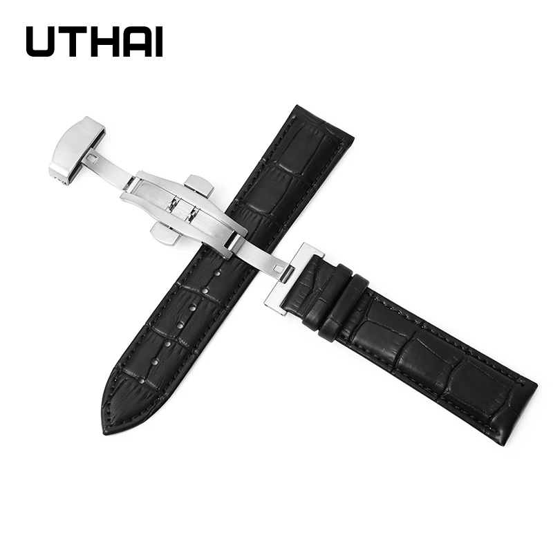 Butterfly Buckle Watch-Band Band-Steel Universal UTHAI Genuine-Leather 22mm Z09 12-24mm