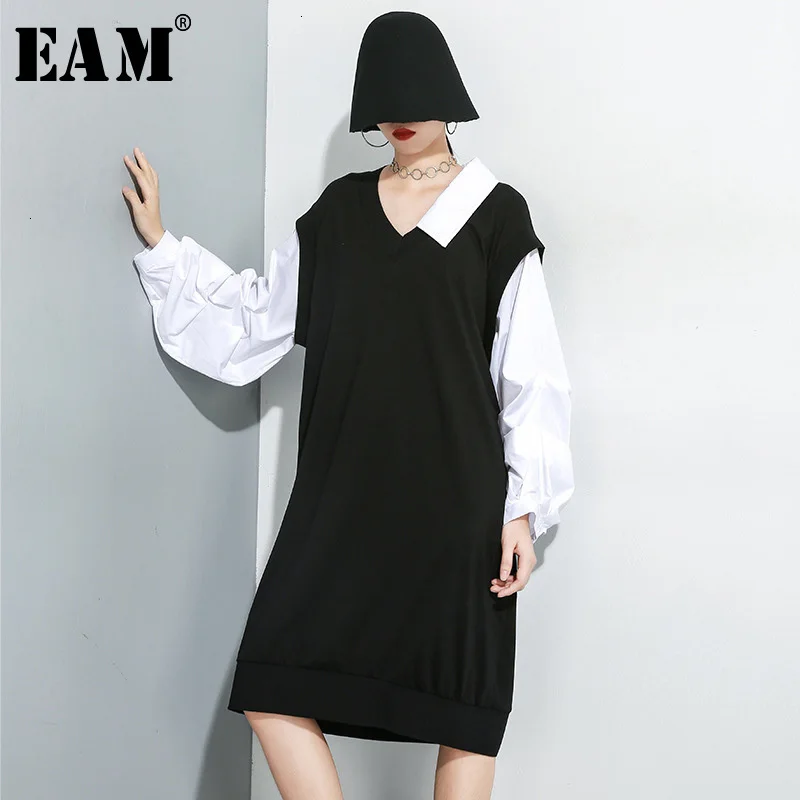 

[EAM] Women Black Contrast Color Temperament Dress New V-Neck Long Puff Sleeve Loose Fit Fashion Spring Autumn 2020 1H151