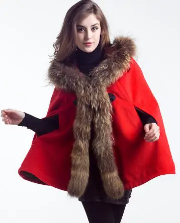 red Осенне-зимняя женская Корейская шерстяная накидка, пальто с флисовой подкладкой, плащ с капюшоном из натурального меха енота, куртки, красный верблюжий темно-серый w1942 - Цвет: red