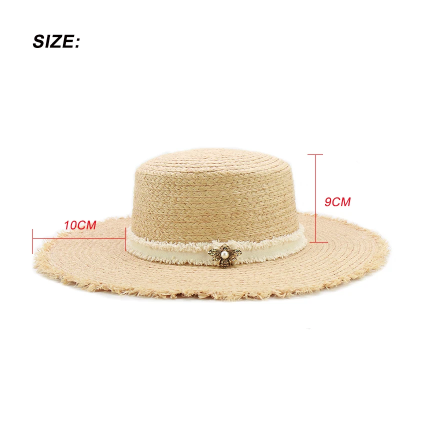 

New Women Pearl+Bee Raffia Beach Sun Hats Big Brim Wide 10 cm Straw Visor Hat Ladies Foldable Summer UV Caps Wholesale