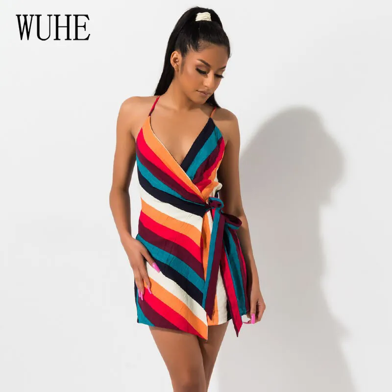 

WUHE Sexy Striped Print Deep V-neck Spaghetti Strap Jumpsuit Hollow Out Bandage Nightclub Party Romper Overalls Dropshipping