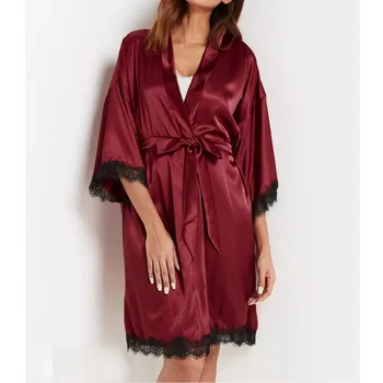 

New Sexy Women Lace Satin Robe Nightwear Solid V-neck Robe With Belt Bathrobe Comfortable Underwear Lingerie Ladies Sleepwear