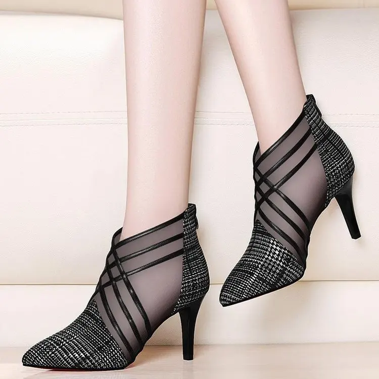 

-2019 Spring And Autumn New Style Europe And America Gauze Pointed-Toe High-heeled Shoes Fashion Thin Heeled after Zipper WOMEN'