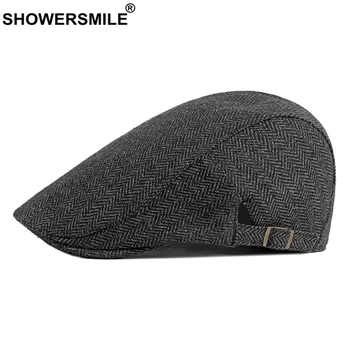 

SHOWERSMILE Flat Cap Mens Beret Herringbone Irish Cap British Style Vintage Male Adjustable Black Gray Spring Autumn Cabbie Cap
