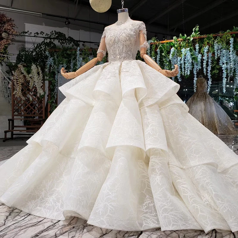 HTL979 бальное свадебное платье для женщин с высоким горлом и полурукавом из бисера на шнуровке сзади размера плюс свадебное платье с королевским шлейфом vestido boda