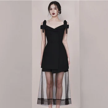 

New Summer Office Lady 2 Pieces Set Women Elegant Black Spaghetti Strap Blouses And High Waist Gauze Patchwork A-Line Skirt Suit