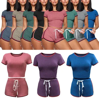 

Fashion Women Sports Suit Lady Splits 2 Piece Casual Suit Set Round Neck and Shorts for Summer NIN668