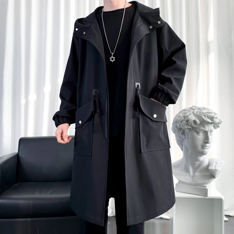 Trench Coat Mens Fashion Overcoat Casual Slim Fit Solid Long Male Windbreaker Outwear Homme