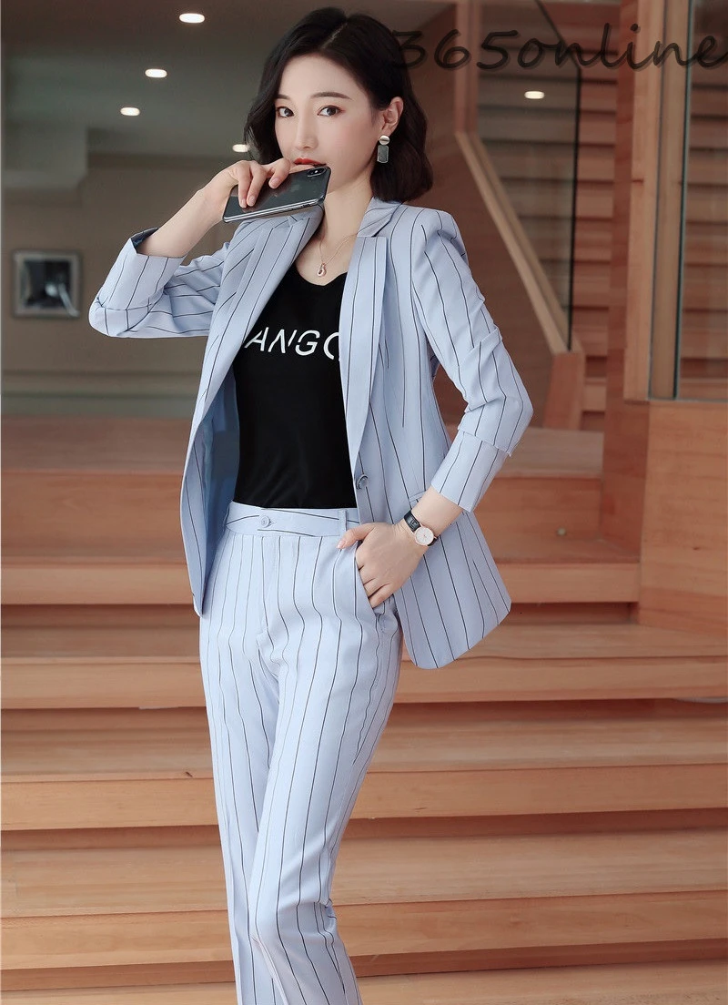 Fashion Striped Spring Autumn Formal Women Business Suits Pantsuits for Ladies Office Blazers with Pants and Jackets OL Styles