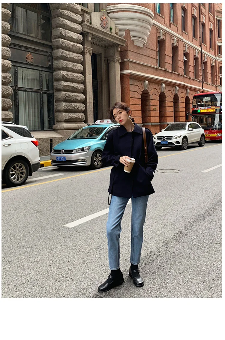 New Elegant Fashion Coat Women Short Blends Coat Jacket Female Korean Version Casual Short Loose Belt Coat Femme