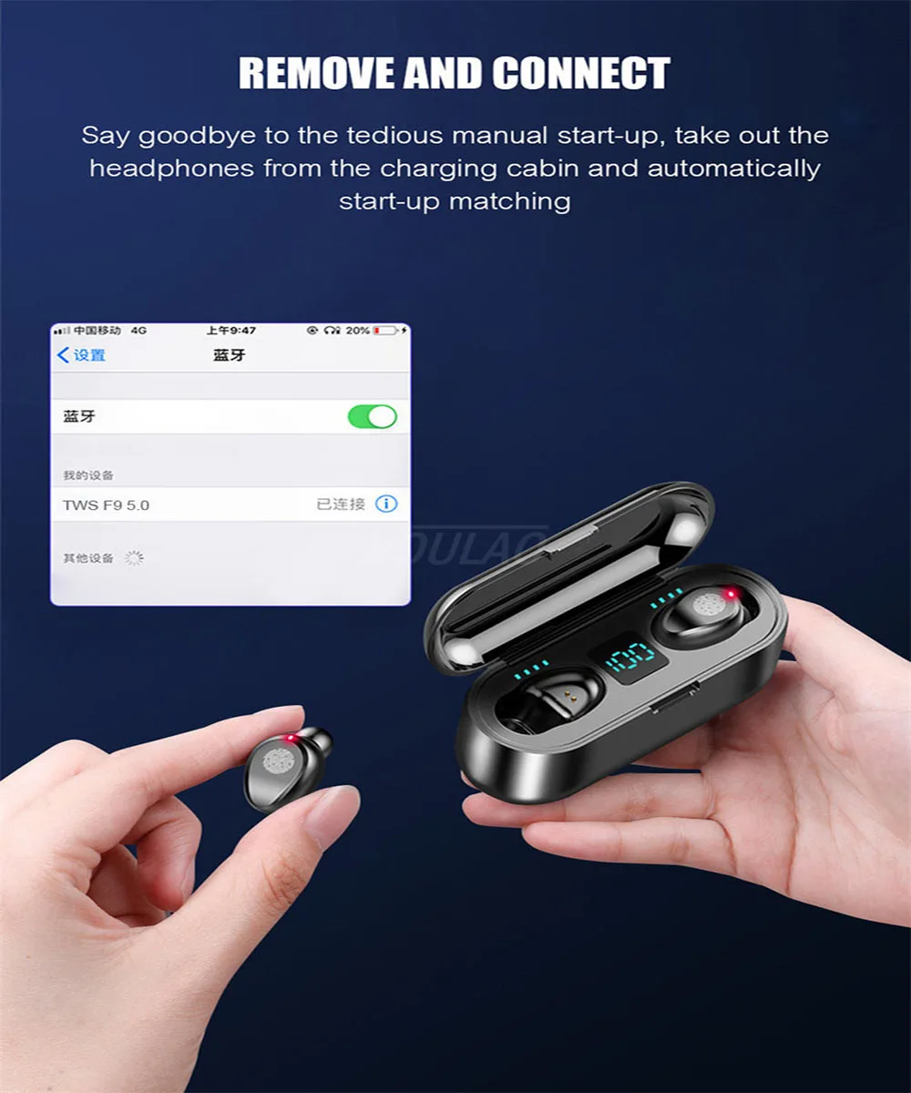 New F9 Wireless Headphones Bluetooth 5 0 Earphone TWS HIFI Mini In ear Sports Running Headset Support iOS Android Phones HD Call