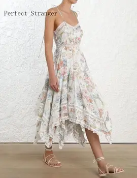 

2020 Spring Summer New Arriva Western Style Sexy V Collar Flower Printed Lace Women Brace Long Irregular Dress
