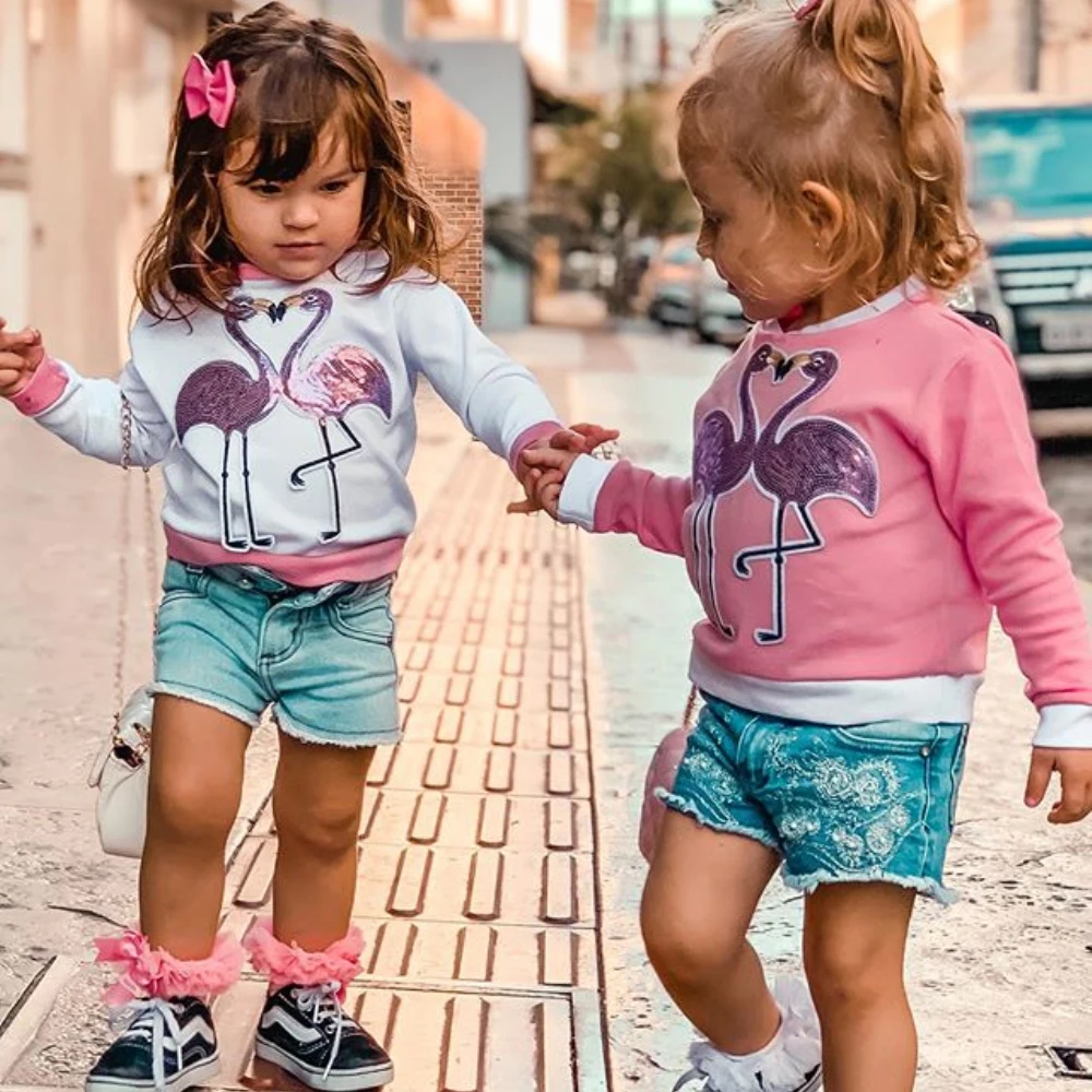 Футболка с блестками и фламинго; Новинка года; осенний свитер для маленьких девочек; топы; футболка с длинными рукавами; осенняя одежда