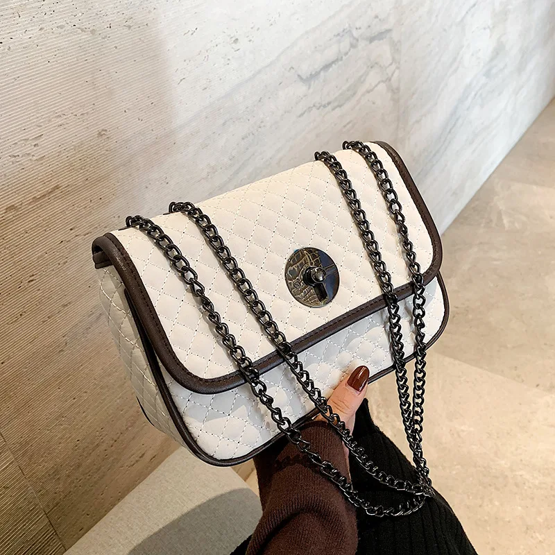 

Autumn And Winter Contrast Color WOMEN'S Bag 2019 New Style Graceful Rhombus Chain Bag Lock Square Sling Bag Shoulder Oblique Ba