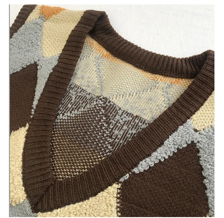 Korean Loose Women's Sleeveless Jacket V-Neck Geometric Patchwork Vintage Sweater Vest Female Winter Warm Waistcoat Veste Femme
