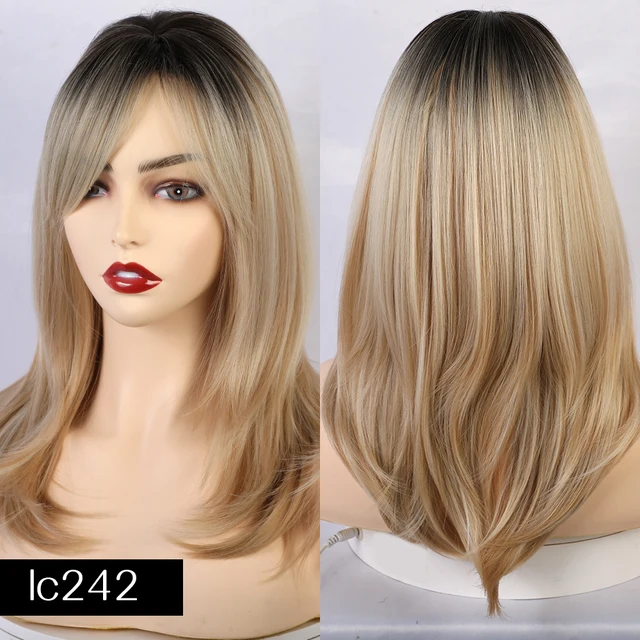 Jonrenau Synthetic Long Natural Wave Wigs With Bangs Ombre Brown