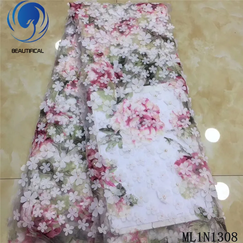 BEAUTIFICAL африканский тюль кружева ткани принты 3d цветок кружева 5 ярдов Высокое качество свадебное платье тюль сетка кружева ML1N1308