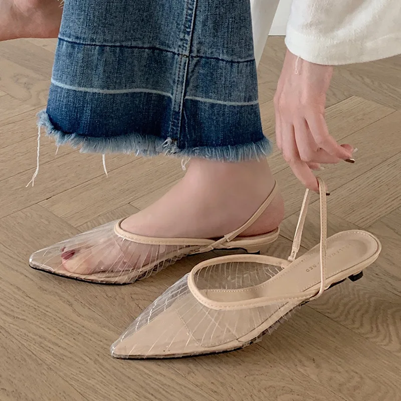 

2019 Summer Low Heel Pointed-Toe Joint Transparent Foot Covering Sandals Women's Double Purpose Slingback with Outer Wear Closed