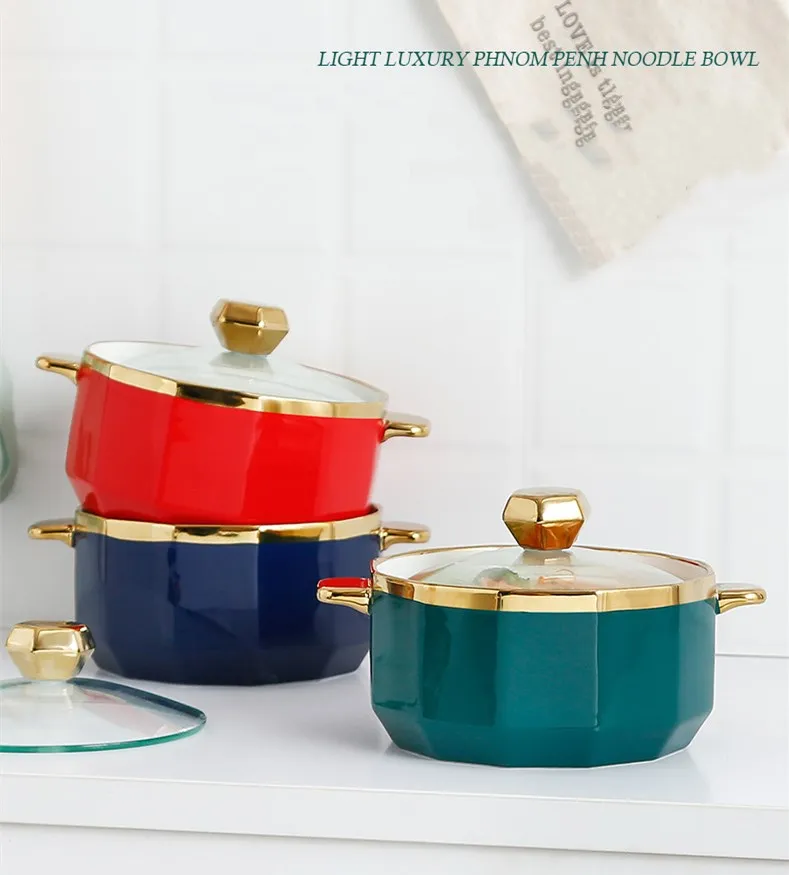 Gold Inray Instant Noodle Bowl Ceramic Nordic Eramic Ramen Bowl Large Soup Bowl Noodle Bowl Household Beef Noodle Bowl with Lid