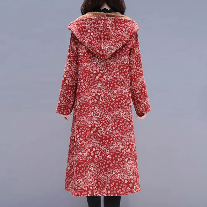 EaseHut Women Vintage Autumn Hooded Long Coat Paisley Floral Printed Knot Buttons Pockets Furry Lining Loose Casual Outerwear