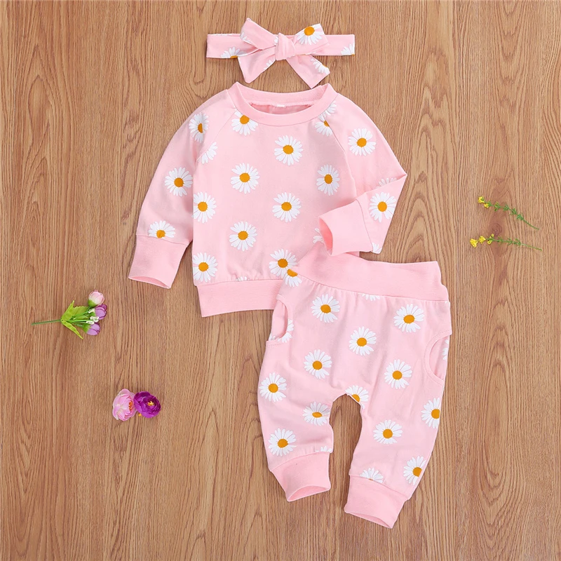 Spring New Fall Autumn Infant Baby Girls 3Pcs Set Long Sleeve Lovely Print Top Pants Headband Toddler Outfits Clothes