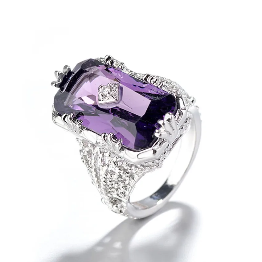 

FYJS Unique 10 Pcs Silver Plated Decorative Pattern Rectangle Shape Section Amethysts Crystal Ring Fashion Jewelry