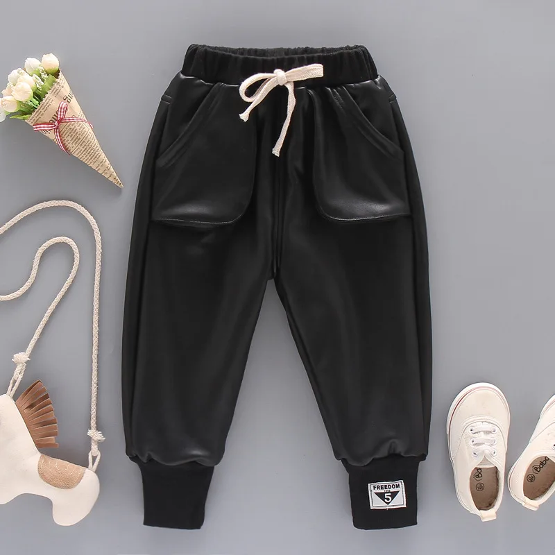 Dollplus/Новое поступление года; модные черные брюки; детские брюки; бархатные брюки для мальчиков; детские брюки из искусственной кожи; зимние брюки для девочек - Цвет: black B