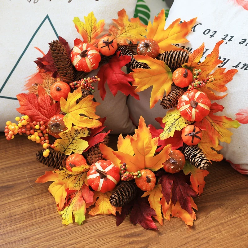 45CM Halloween Artificial Pumpkin Maple Leaves Wreath Autumn Holiday Thanksgiving Day Front Door Garland Wall Hanging Decoration