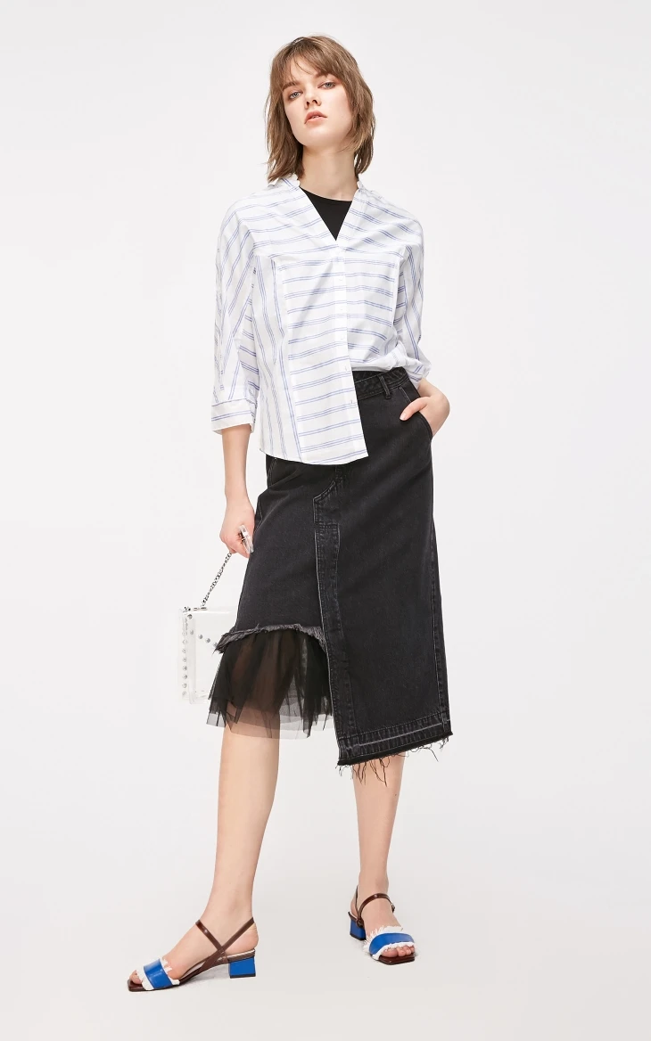 ONLY Womens Loose Fit Pure Color 3/4 Sleeves 100% Cotton V-neckline Shirt | 119105537