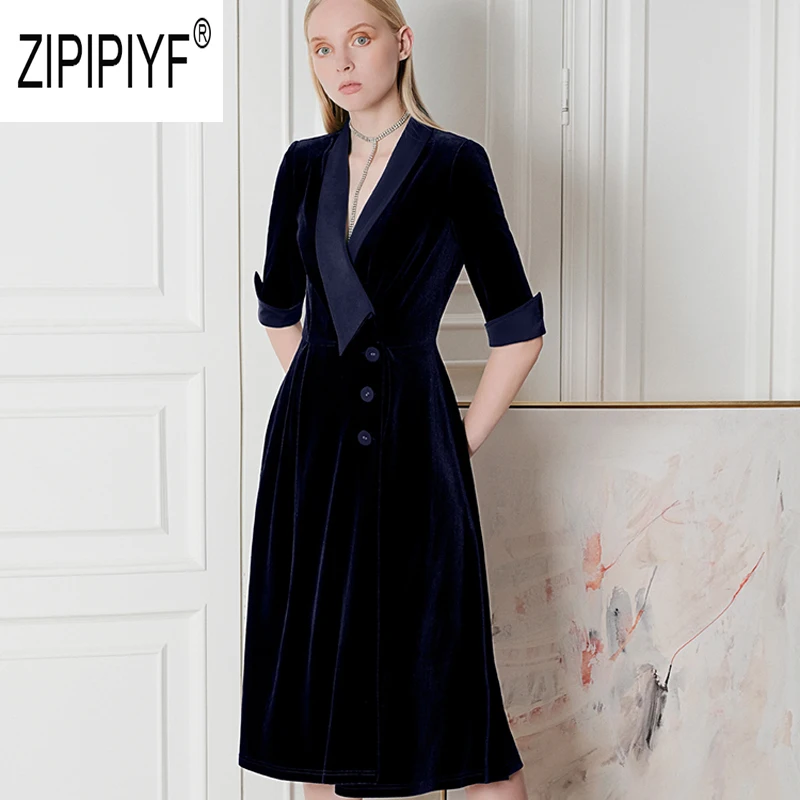 

Simple Design Noble Women 2019 Autumn Dresses Patchwork Mid Waist Ball Gown Button Design Dresses V Neck Office Lady Dress Z2472