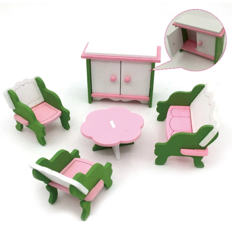 

DollHouse Colorful Mini Wood Furniture Set For Dolls Simulation Miniature Wooden Furniture Toys Kids Baby Room Play Toy