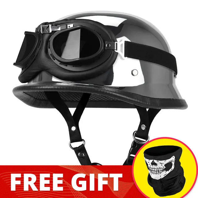 Motorcycle Helmet German Leather Vintage Casco Moto Motorcycle Open Face Retro Half Helmet Chopper Biker Pilot DOT Size S-XXL 307-Silver-Glass 02