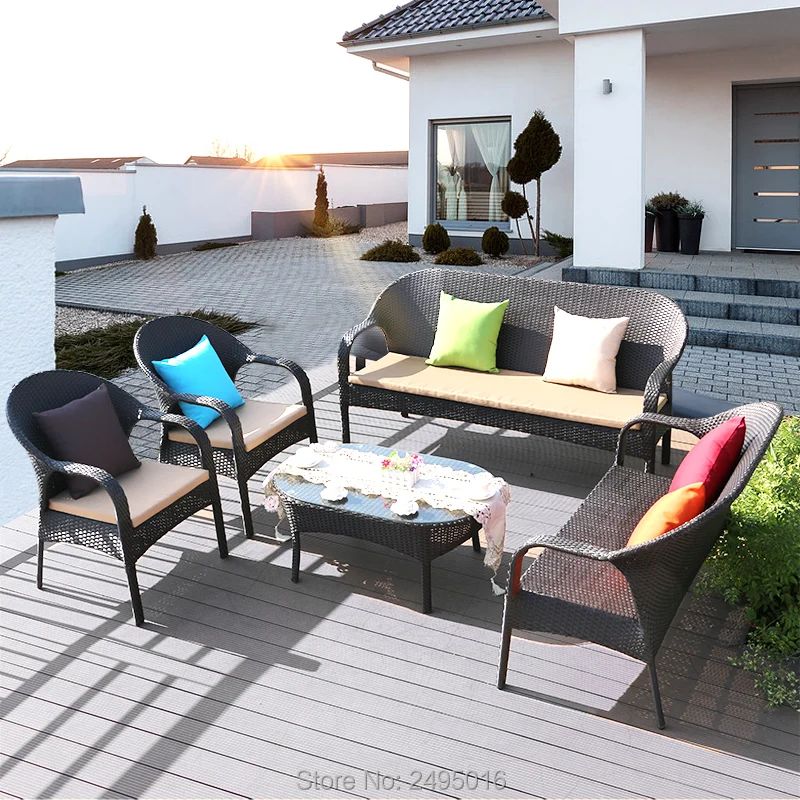 5 Piece Set Outdoor Pe Rattan Sofa Chat Set Wicker Patio Furniture With Cushion For Garden Poolside Hotel Garden Furniture Sets Aliexpress