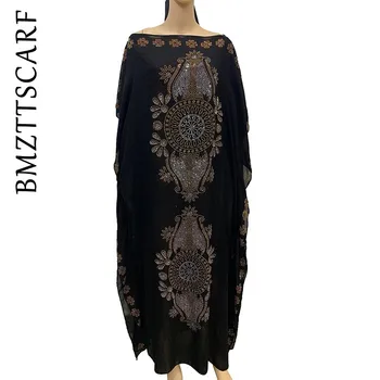 

2019 New African Diamond 100% cotton Chiffon Long Dashiki Dress with Scarf For Lady African clothes 060#