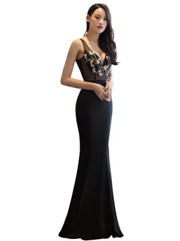 

Black embroidered sexy evening dress V-neck slimming trailing was thin long dress banquet party car model host stage show clothe